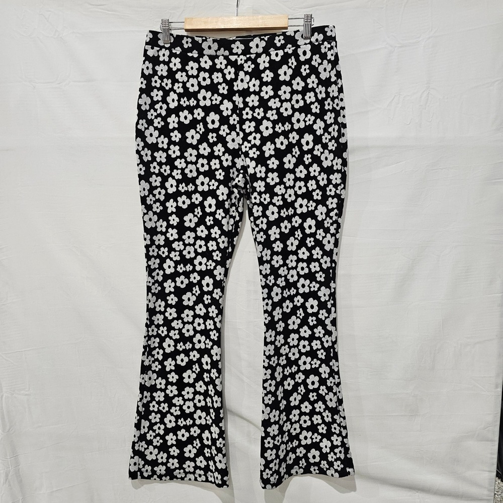 Women XL Black White Floral Flare Pants High Rise Stretch Retro Boho Bell Bottom